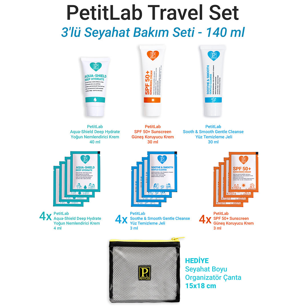 PetitLab Travel Set 3'lü Tüp + 12 Şase Seyahat Bakım Seti *Organizatör Çanta Hediyeli