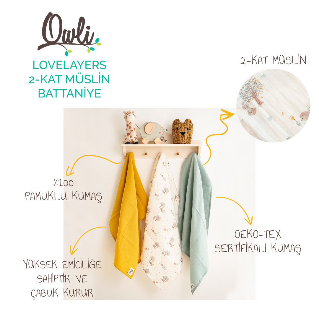 Owli LoveLayers 2 Kat Müslin Battaniye Set 70x70 cm