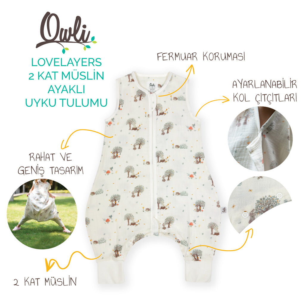 Owli LoveLayers 2 Kat Müslin Ayaklı Uyku Tulumu