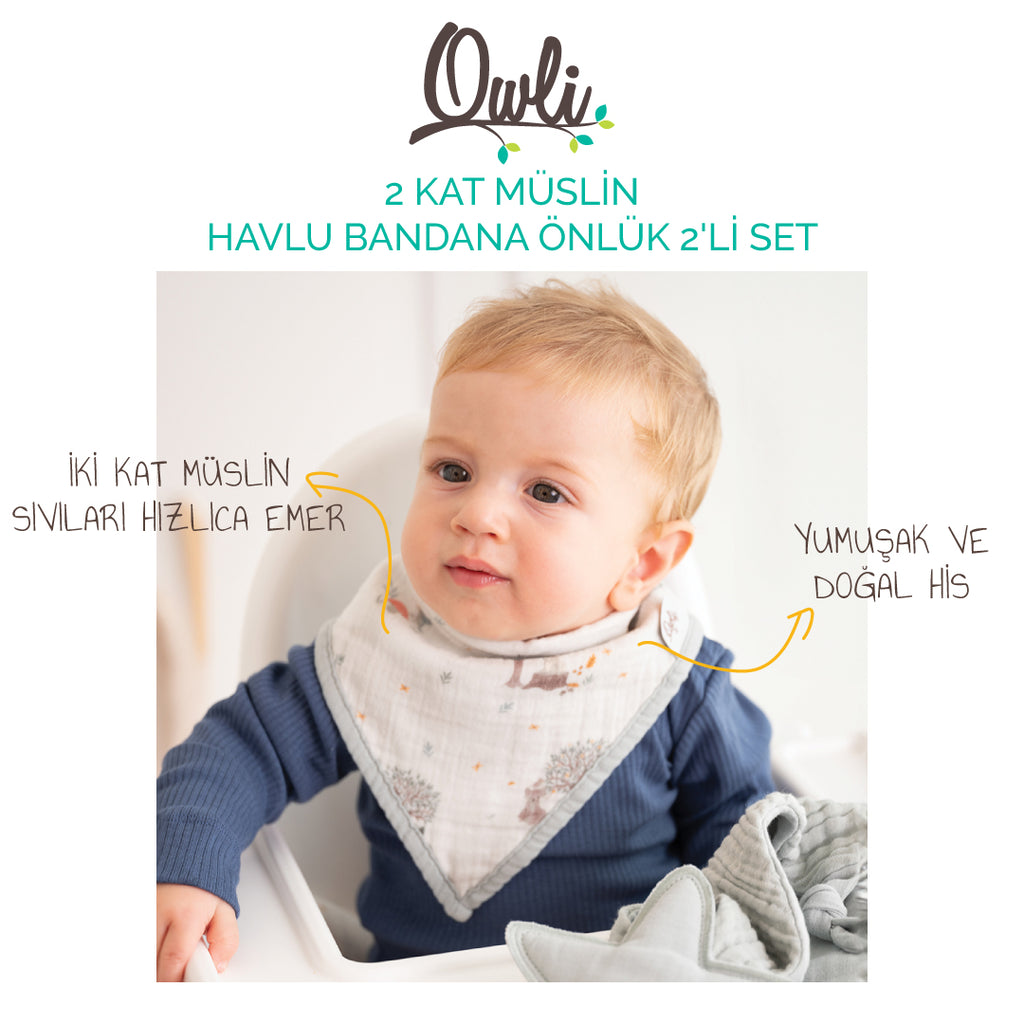 Owli 2 Kat Müslin Havlu Bandana Önlük 2'li Set