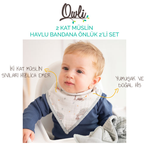 Owli 2 Kat Müslin Havlu Bandana Önlük 2'li Set